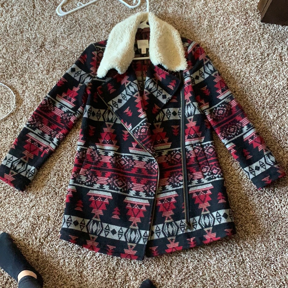 Aztec Print red and black coat with fuzzy collar